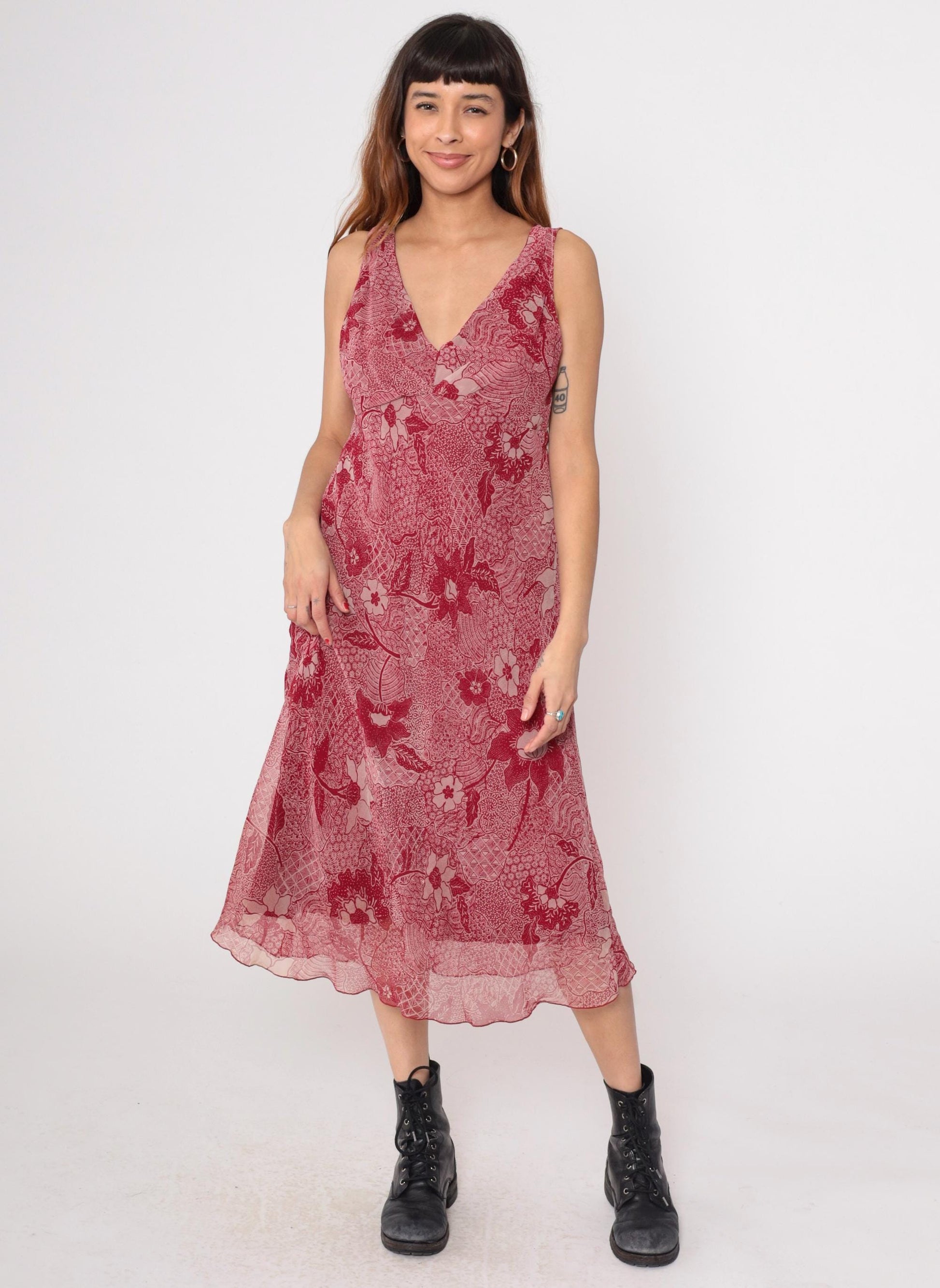 Y2K Red Paisley Midi Dress Sleeveless V Neck Floral Chiffon Medium