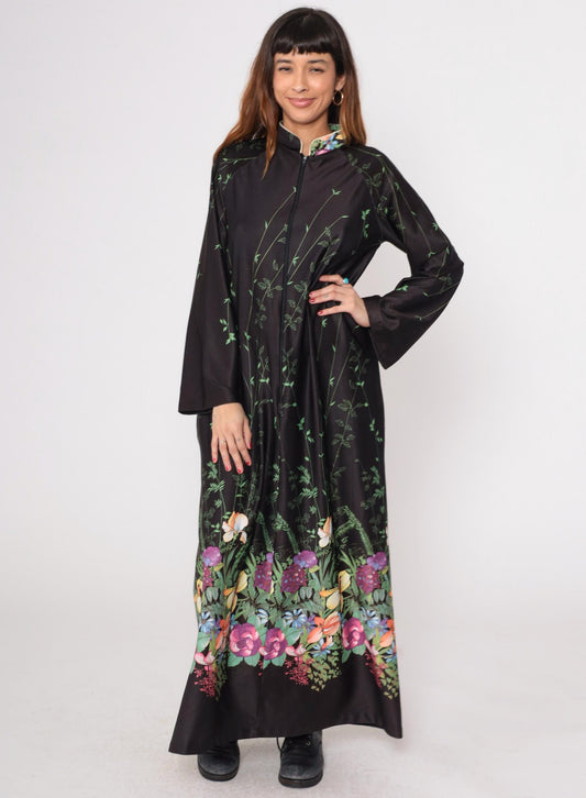 70s Black Floral Maxi Dress Zip Front Long Sleeve Botanical Print Medium Large
