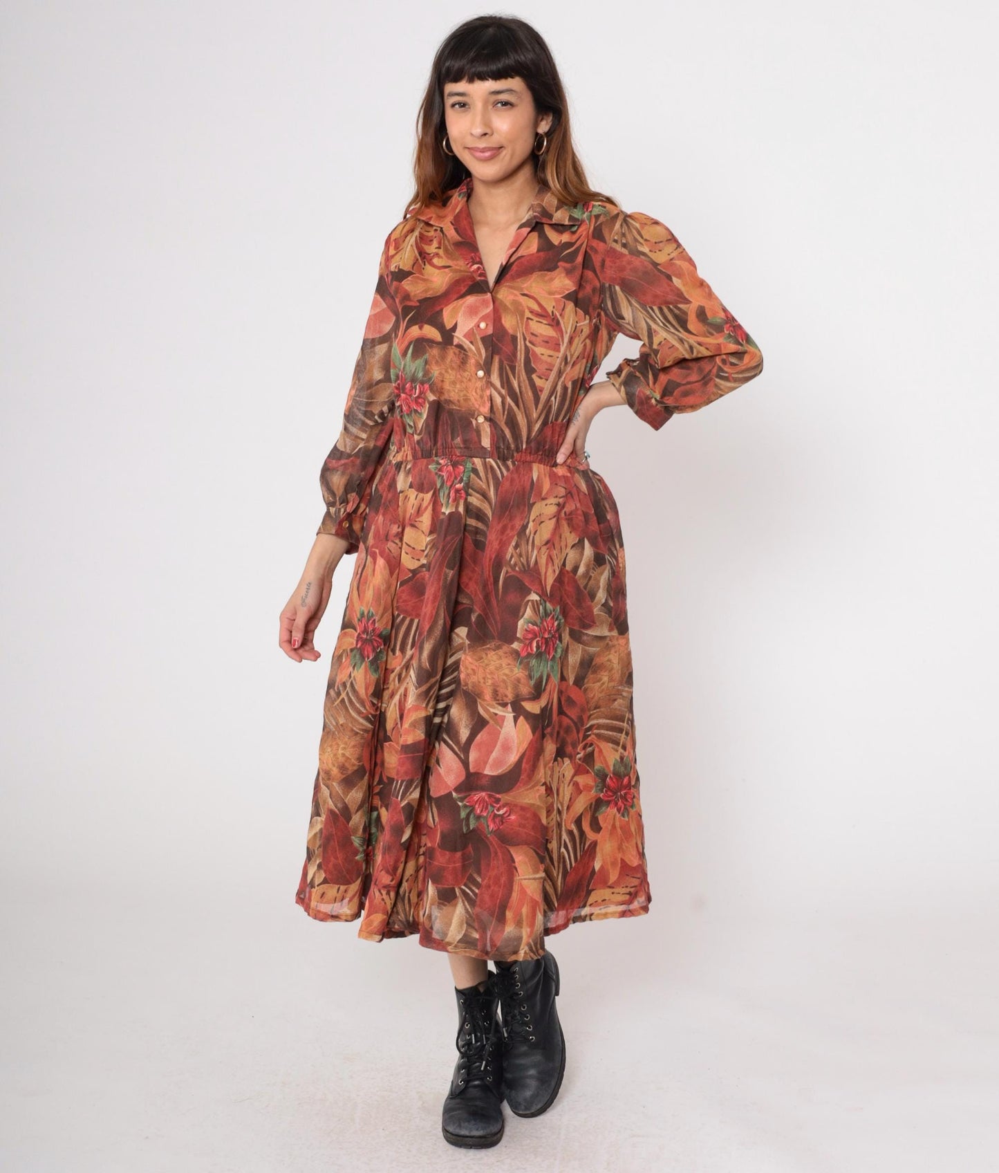 80s Brown Tropical Leaf Midi Dress Button Down Long Sleeve Medium