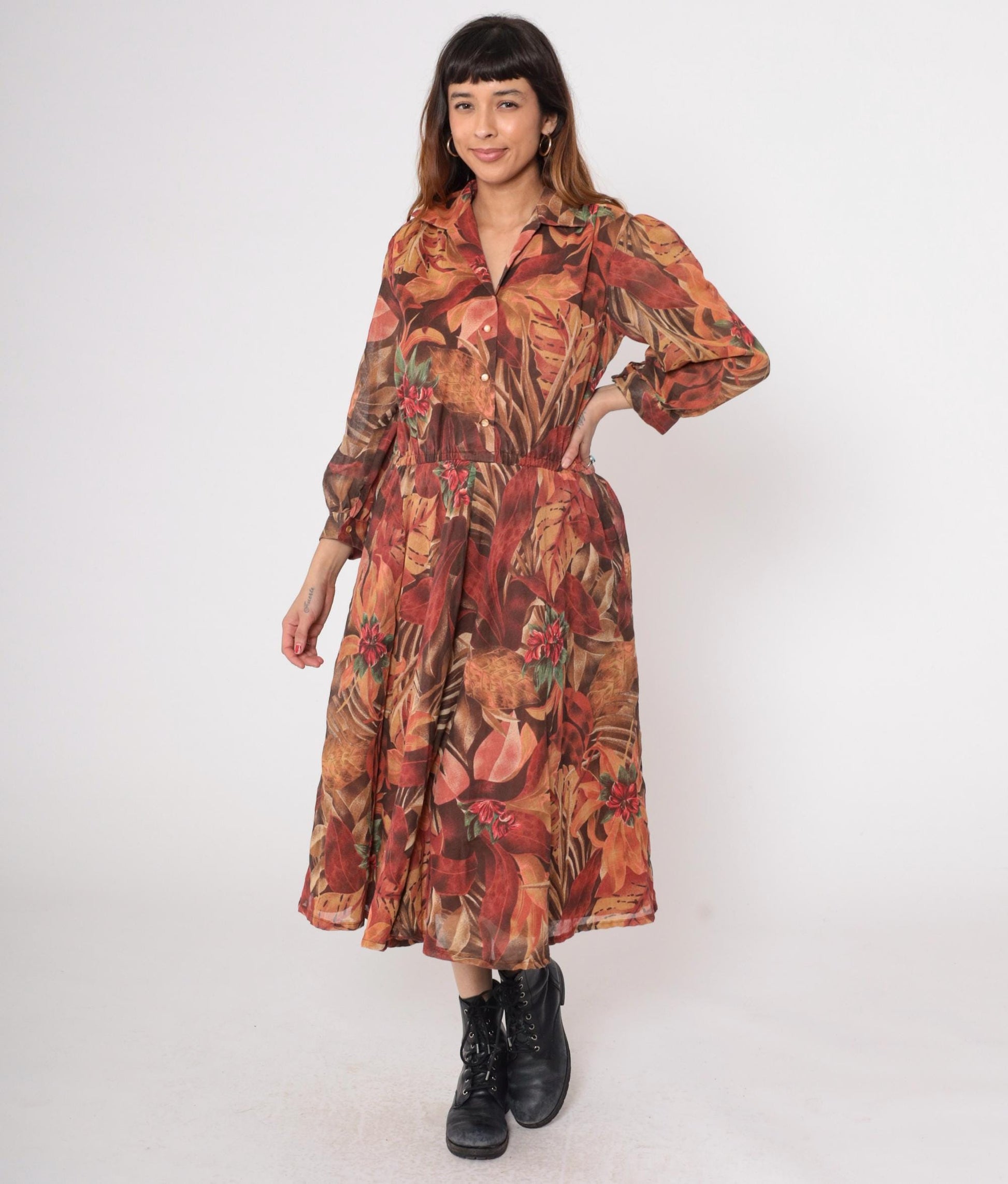 80s Brown Tropical Leaf Midi Dress Button Down Long Sleeve Medium