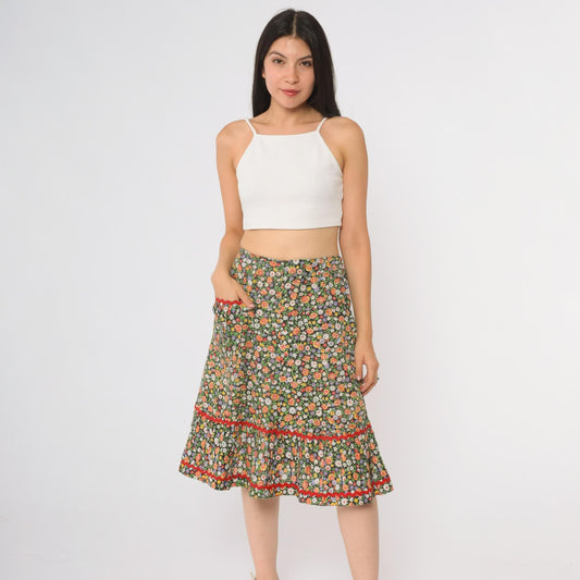 70s Floral Prairie Skirt Tiered Ruffle Midi Black Red Rickrack Small