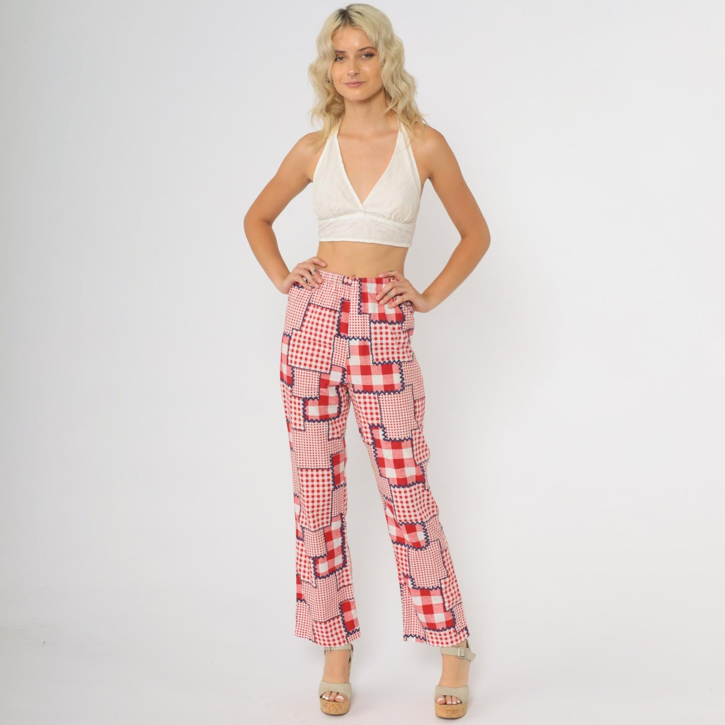 70s Patchwork Pants Red Gingham Check High Rise Wide Leg Cotton Extra Small XS