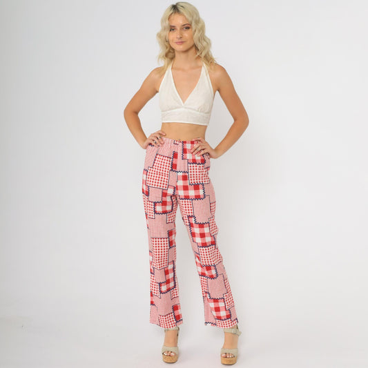 70s Patchwork Pants Red Gingham Check High Rise Wide Leg Cotton Extra Small XS