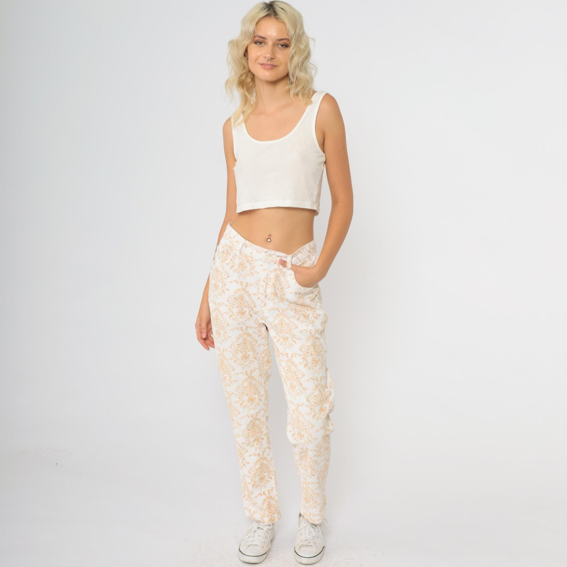 Y2K Paisley Corduroy Pants Cream Orange High Waisted Straight Leg Medium M