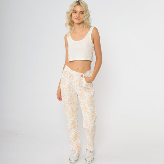 Y2K Paisley Corduroy Pants Cream Orange High Waisted Straight Leg Medium M