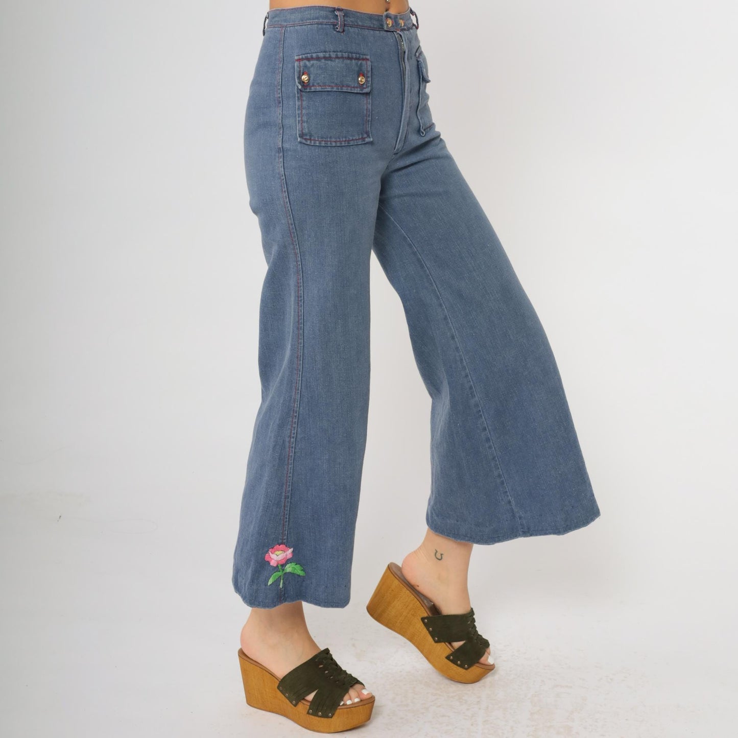 70s Carol Evans Bell Bottom Jeans High Waisted Flare Rose Embroidery Extra Small