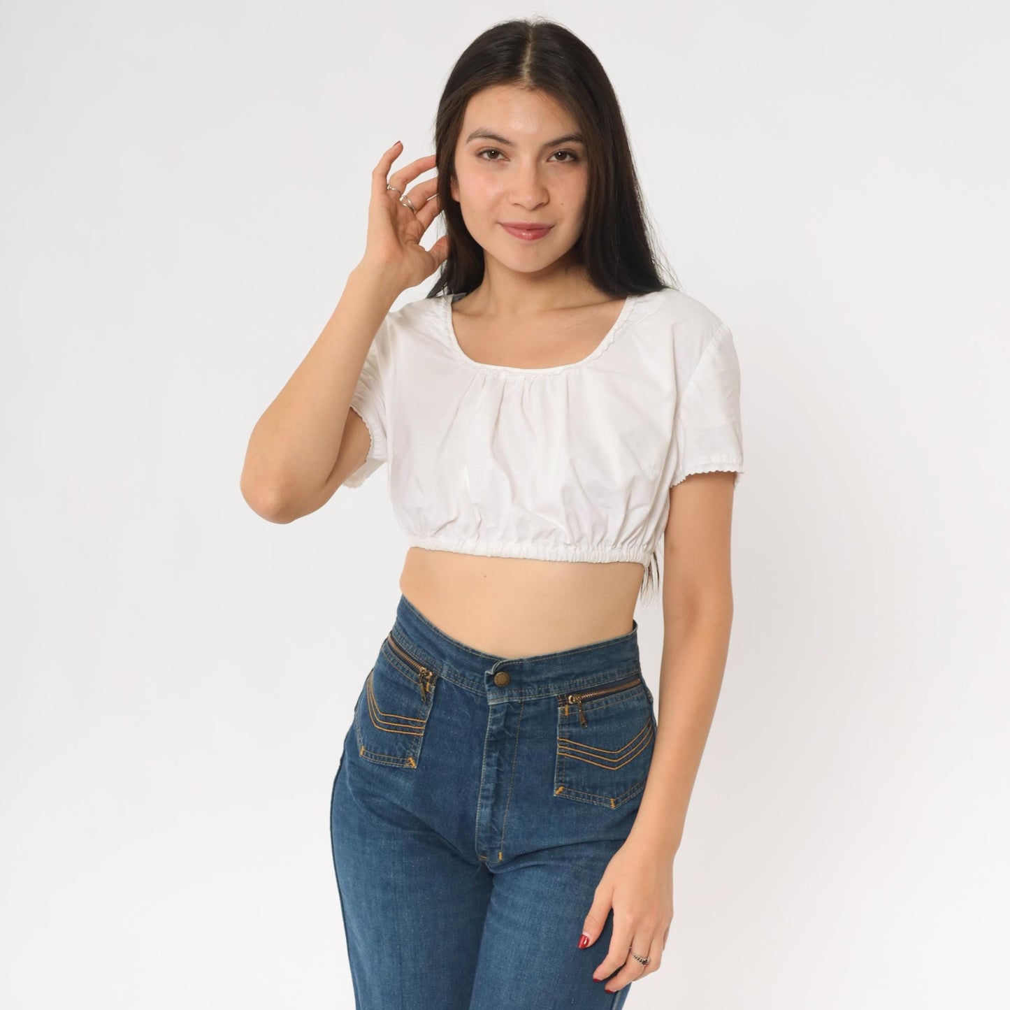 90s White Peasant Crop Top Milkmaid Scoop Neck Blouse Extra Small