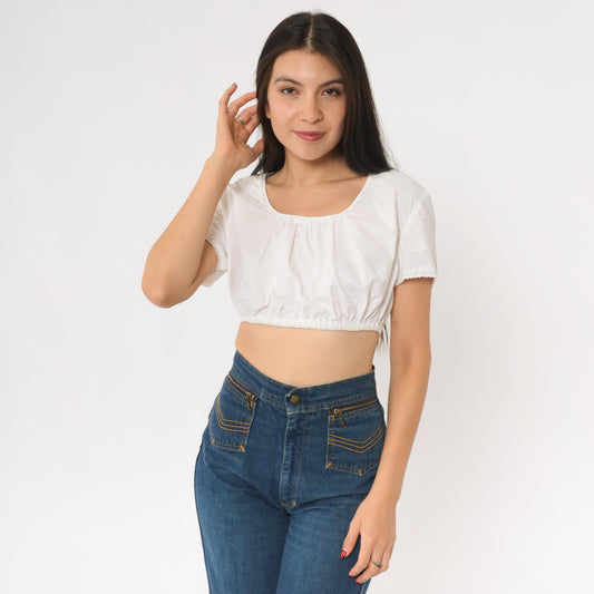 90s White Peasant Crop Top Milkmaid Scoop Neck Blouse Extra Small