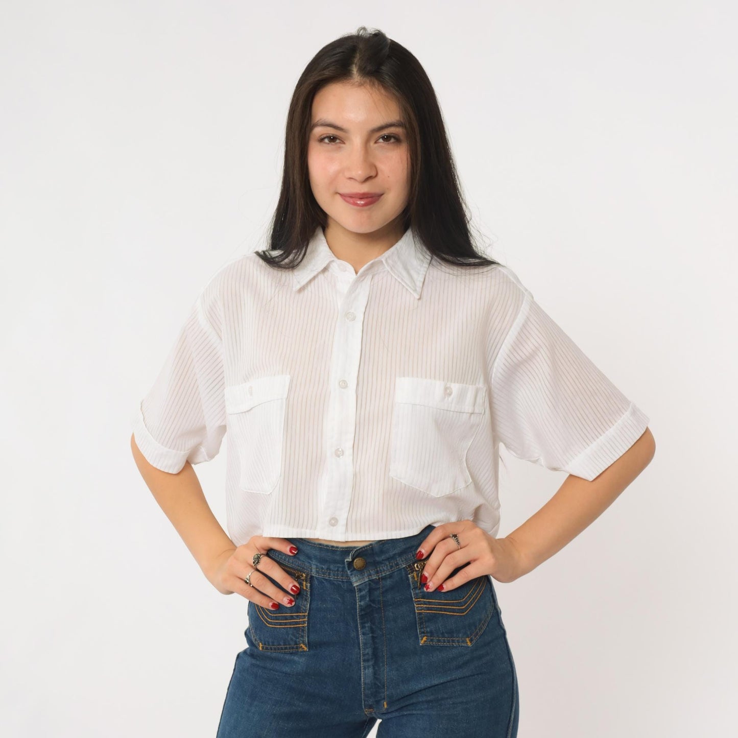 90s Haband Striped Button-Up Crop Top White Vertical Stripes Medium