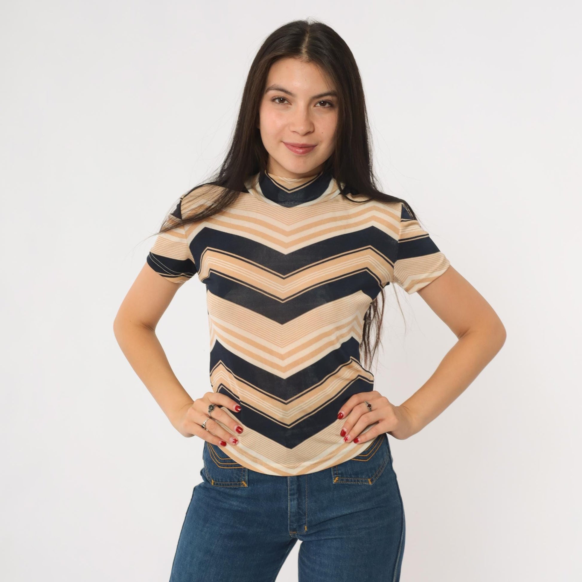 90s Chevron Striped Mock Neck Tee Tan Navy Small S