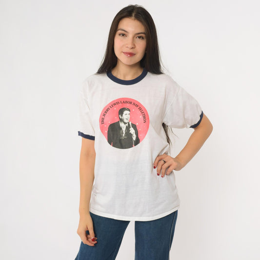 80s Jerry Lewis Labor Day Telethon Ringer T-Shirt White Navy Graphic Medium