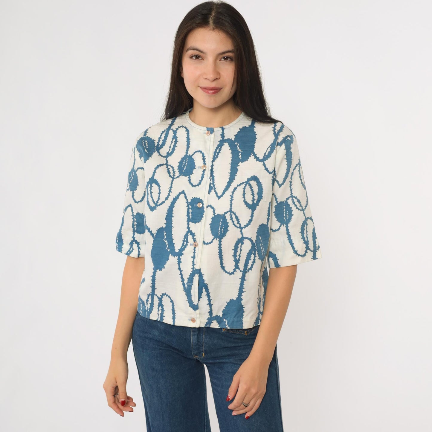 60s Campus Casuals Abstract Print Button Up Blouse Blue White Medium