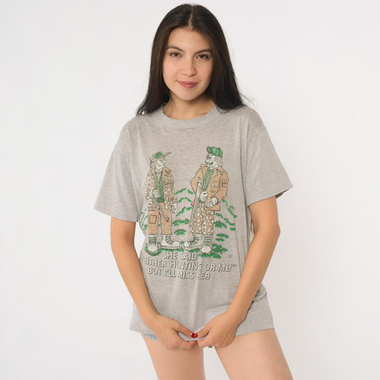 80s Hunting Joke Graphic T-Shirt Screen Stars Cartoon Tee Grey Medium