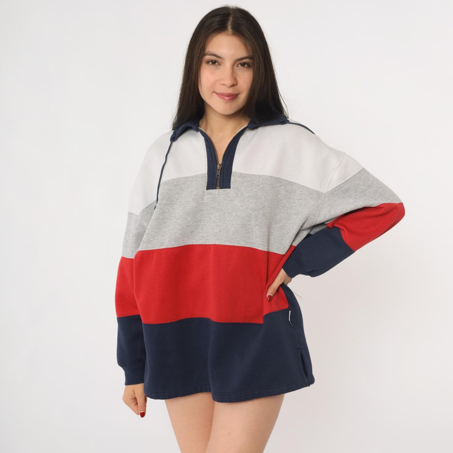 90s Color Block Quarter Zip Sweatshirt Grey Navy Red Striped Large L