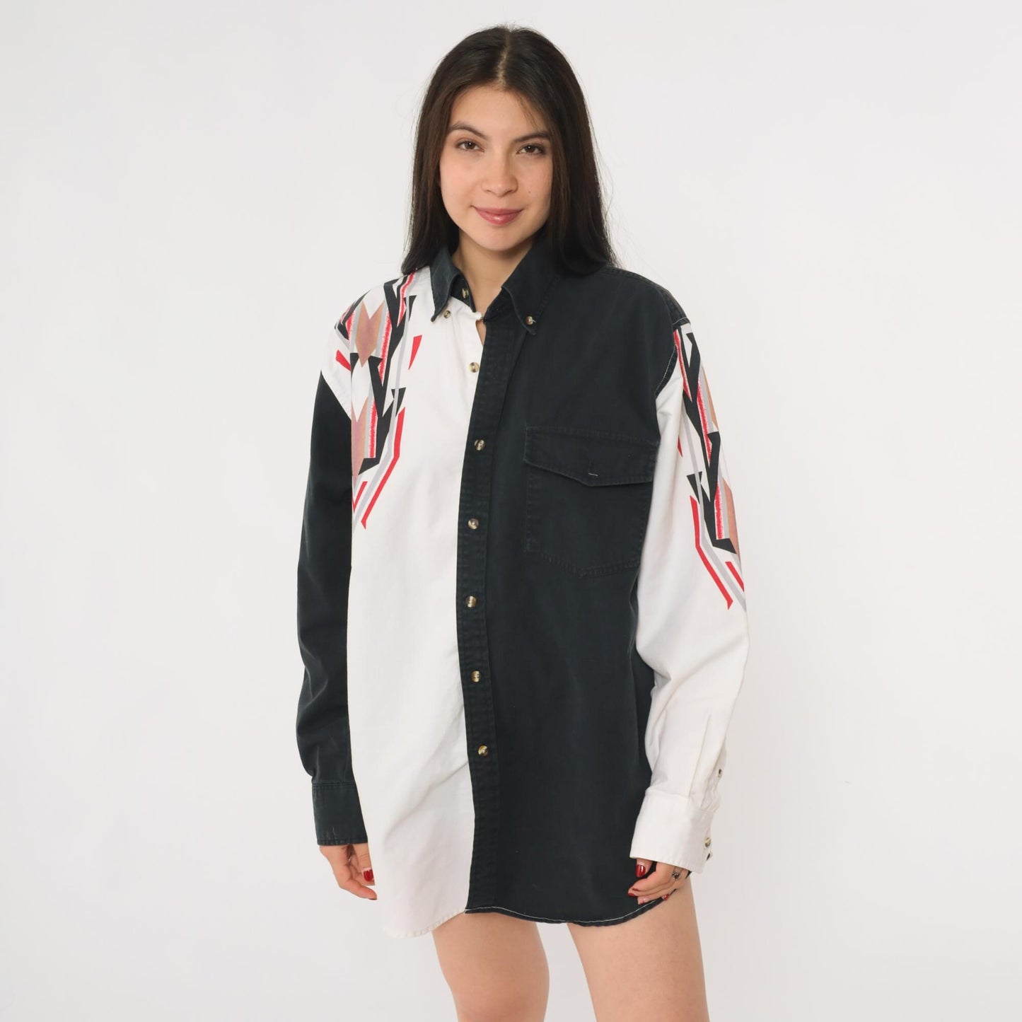 90s Southwestern Color Block Western Button Up Shirt Black White Extra Large