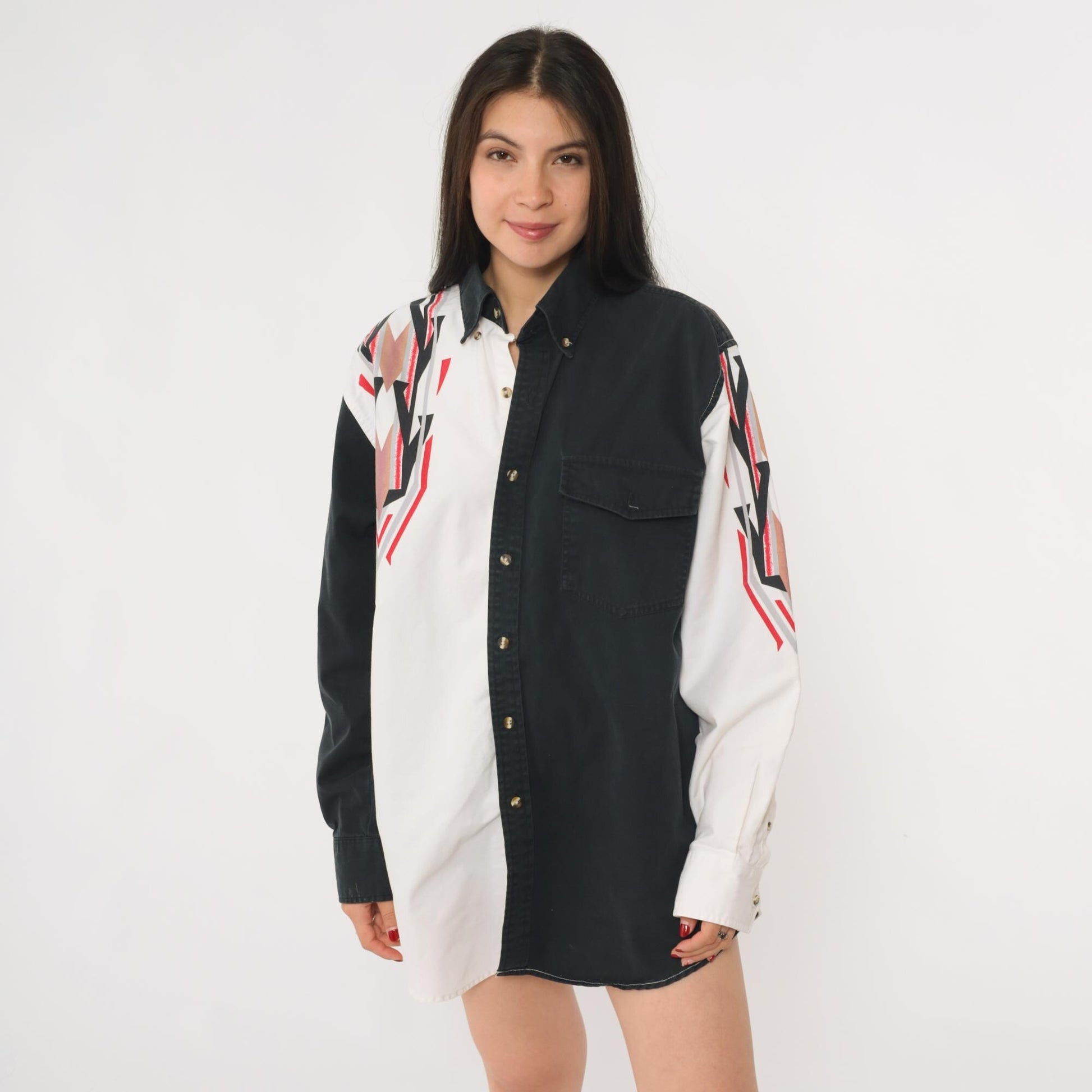 90s Southwestern Color Block Western Button Up Shirt Black White Extra Large