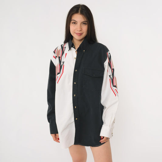 90s Southwestern Color Block Western Button Up Shirt Black White Extra Large