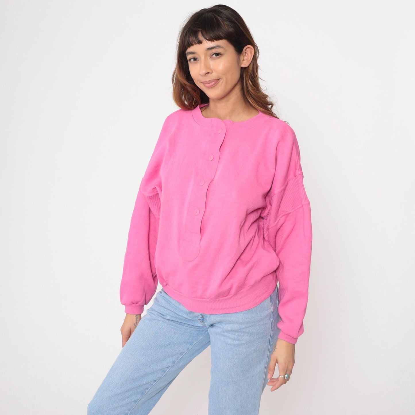 90s Pink Henley Button Neck Sweatshirt Ribbed Cuffs Medium M