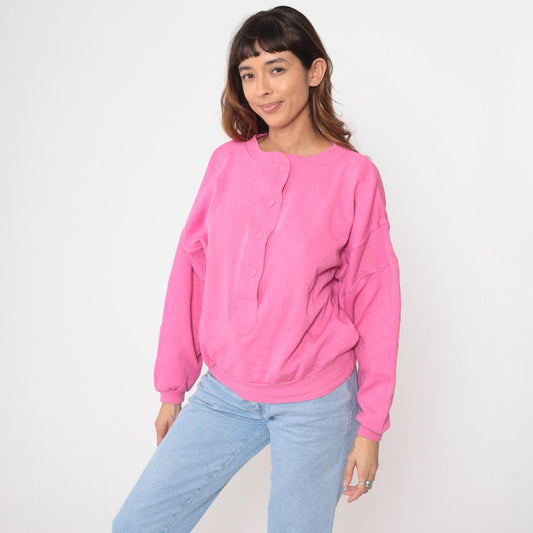 90s Pink Henley Button Neck Sweatshirt Ribbed Cuffs Medium M