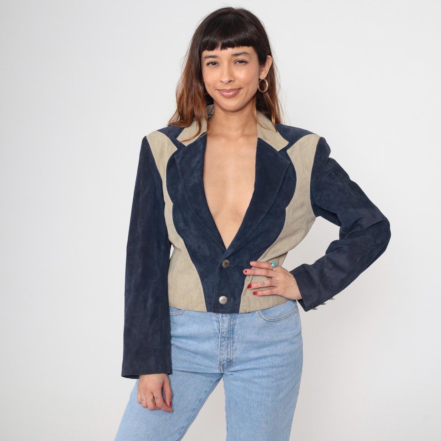 90s Scully Western Blazer Navy Beige Genuine Leather Jacket Medium M