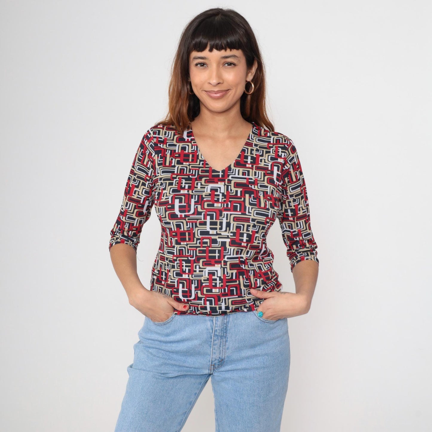 Y2K Erena Petite Geometric Abstract V-Neck Blouse Red Black White Small S