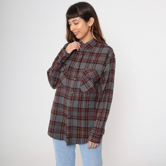 90s Outdoor Exchange Flannel Shirt Grey Red Plaid Button-Up Small S