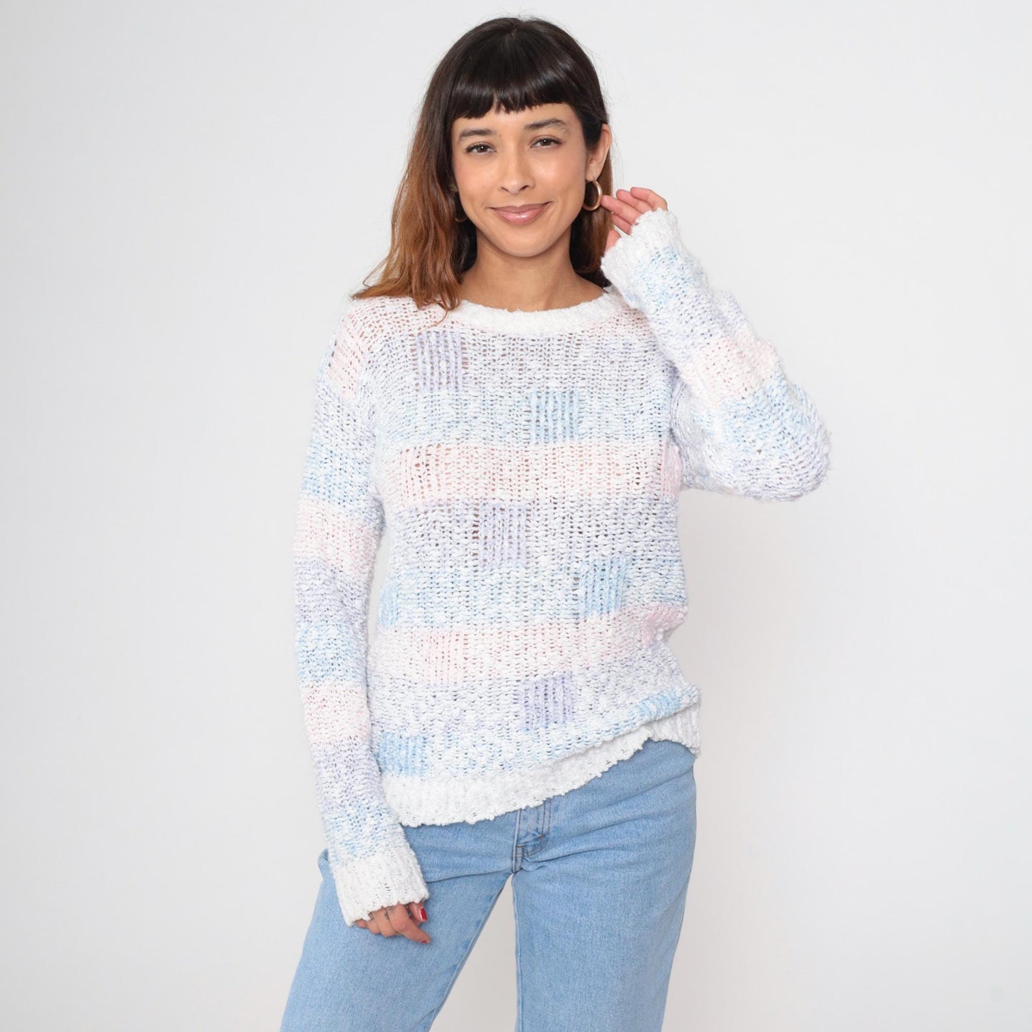 80s Striped Popcorn Knit Sweater Baby Pink Blue Purple Puff Sleeve Small