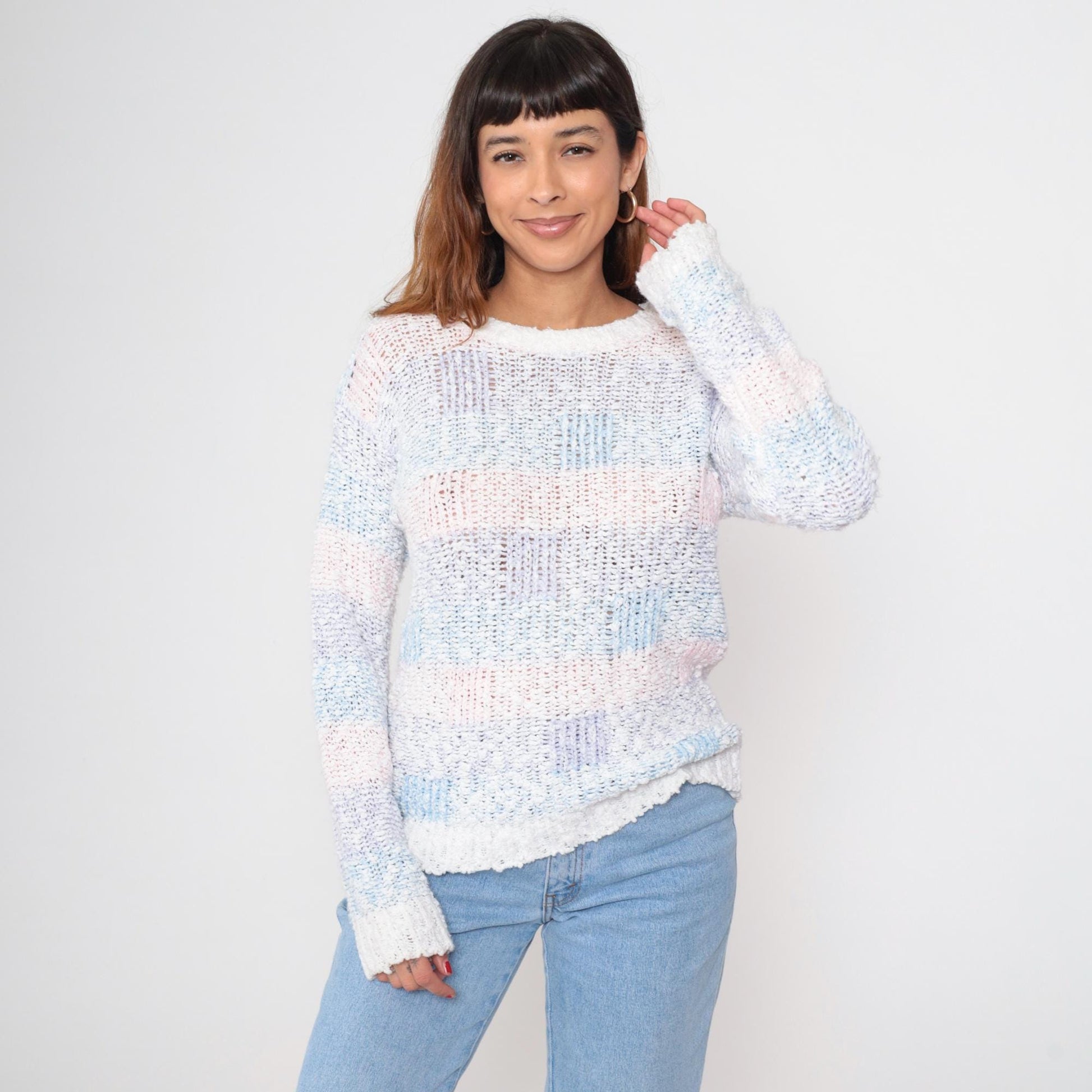 80s Striped Popcorn Knit Sweater Baby Pink Blue Purple Puff Sleeve Small