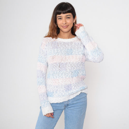 80s Striped Popcorn Knit Sweater Baby Pink Blue Purple Puff Sleeve Small