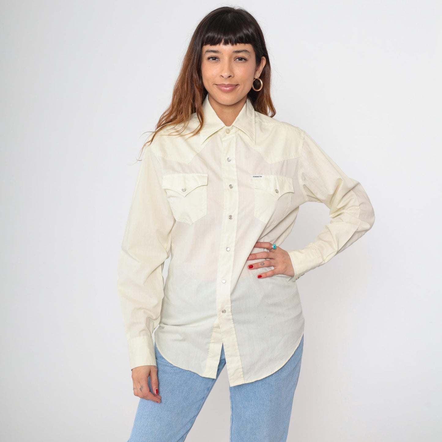 70s Kennington Western Pearl Snap Shirt Pale Yellow Long Sleeve Medium