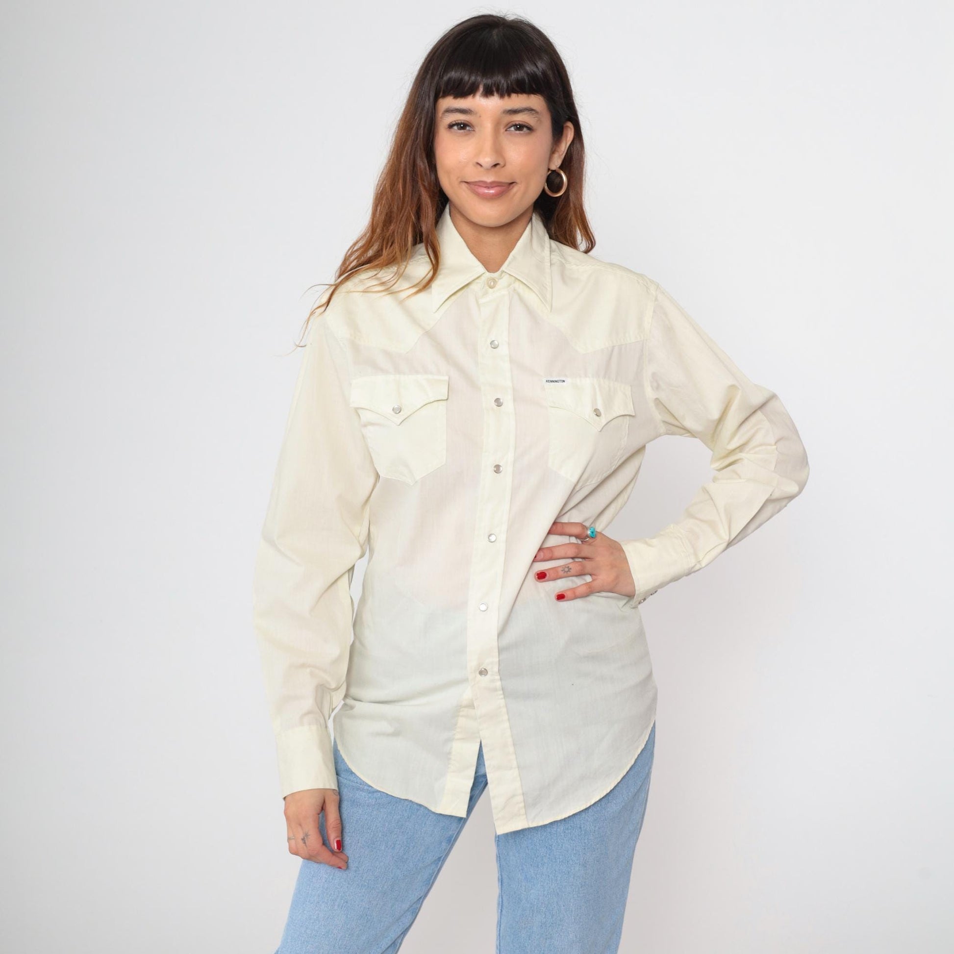 70s Kennington Western Pearl Snap Shirt Pale Yellow Long Sleeve Medium
