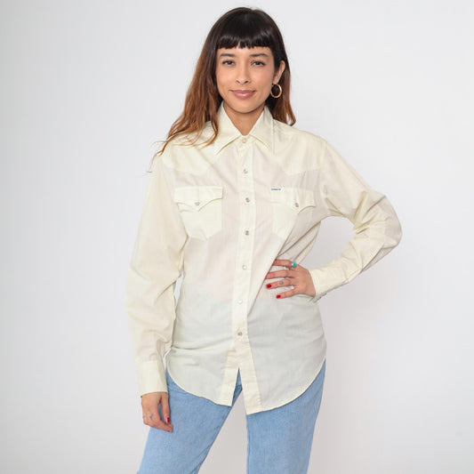 70s Kennington Western Pearl Snap Shirt Pale Yellow Long Sleeve Medium