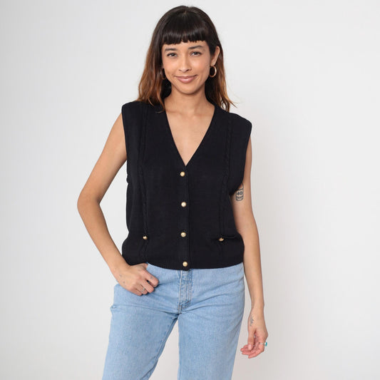 90s Black Knit Vest Deep V Neck Button Front Sleeveless Cardigan Medium