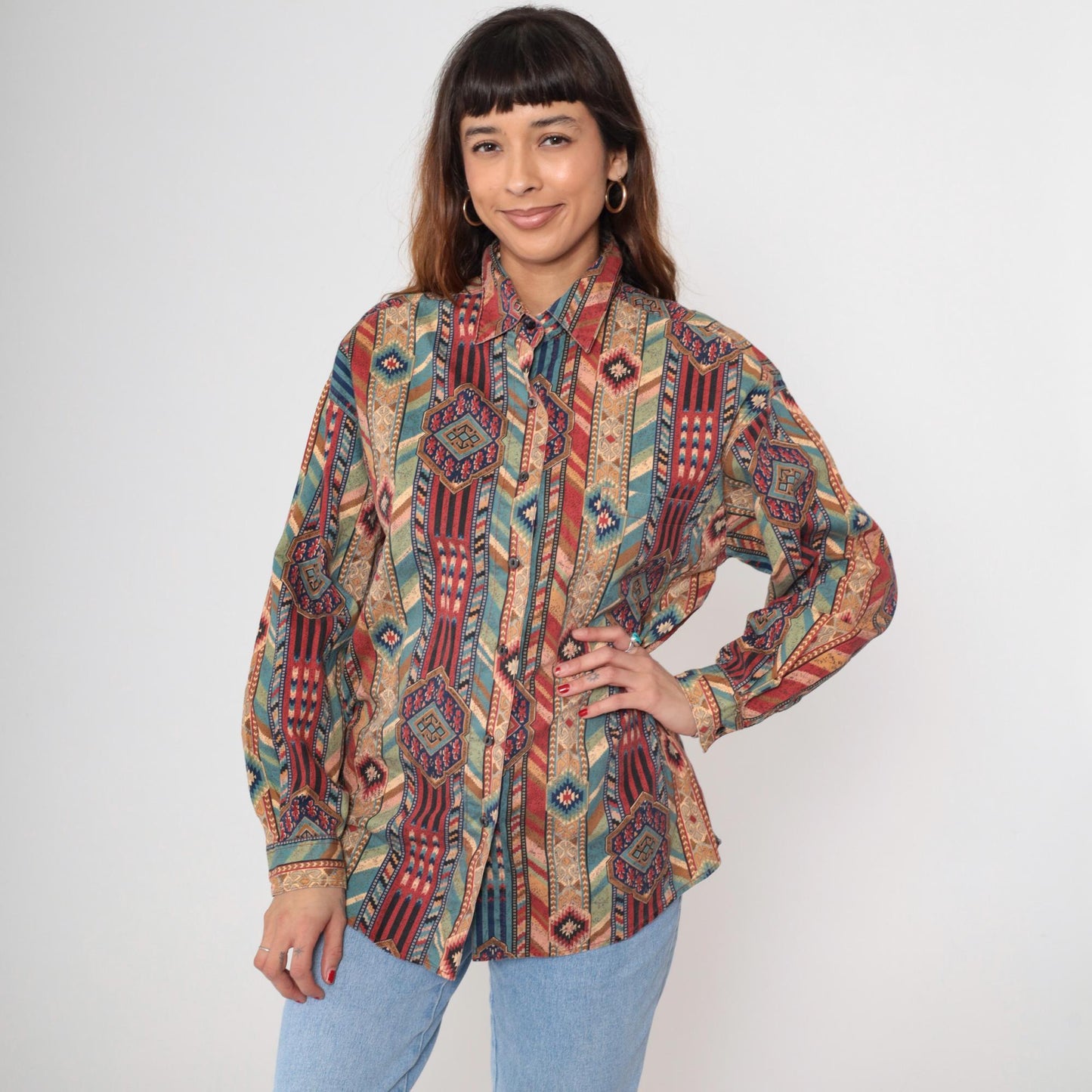 90s Margo's Southwestern Tribal Print Button-Up Shirt Cotton Large L