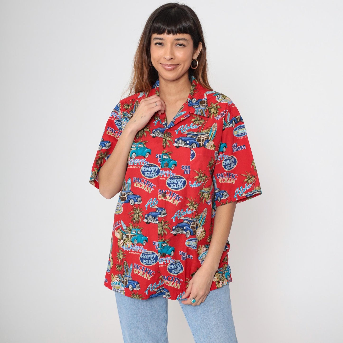 90s Howie Red Hawaiian Shirt Woodie Car Surf Print Aloha Mens Large L