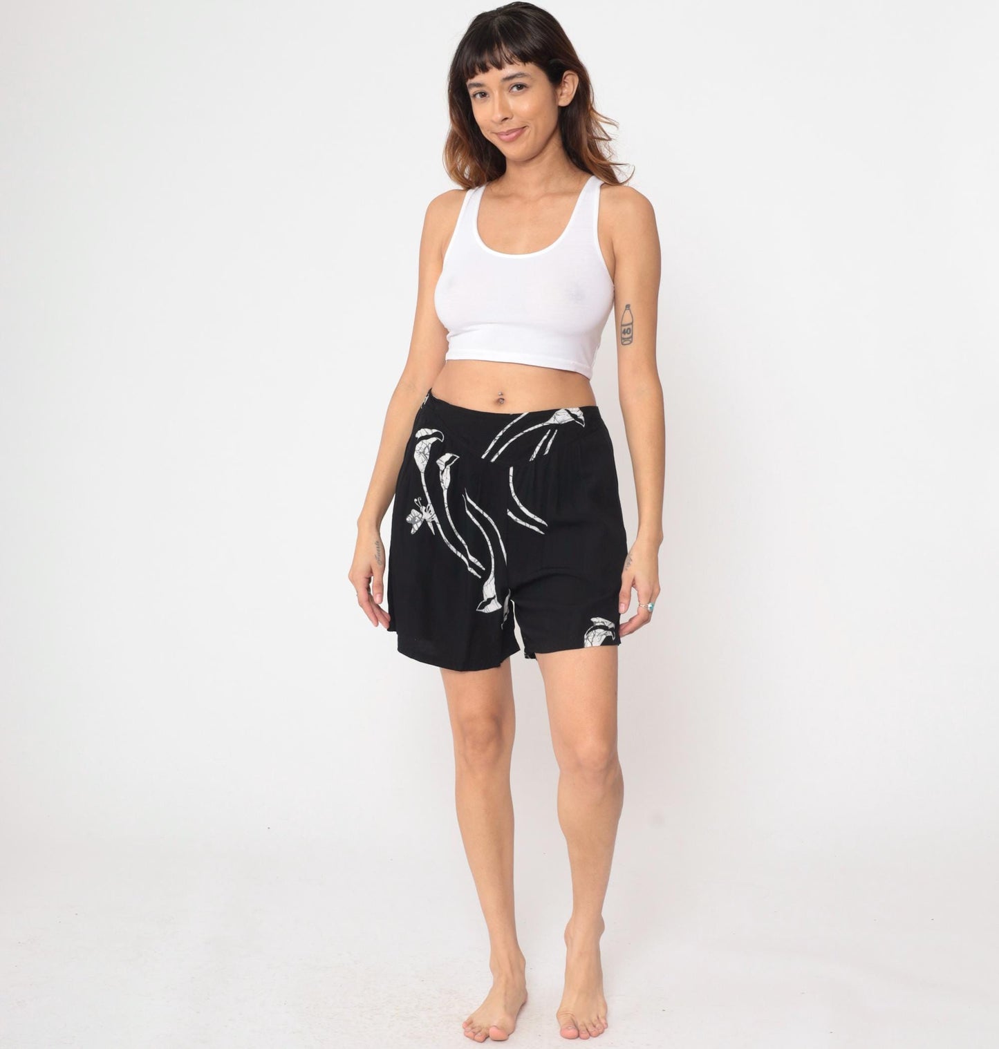 90s Tropical Tantrum Black Floral Rayon Shorts High Waist Large L
