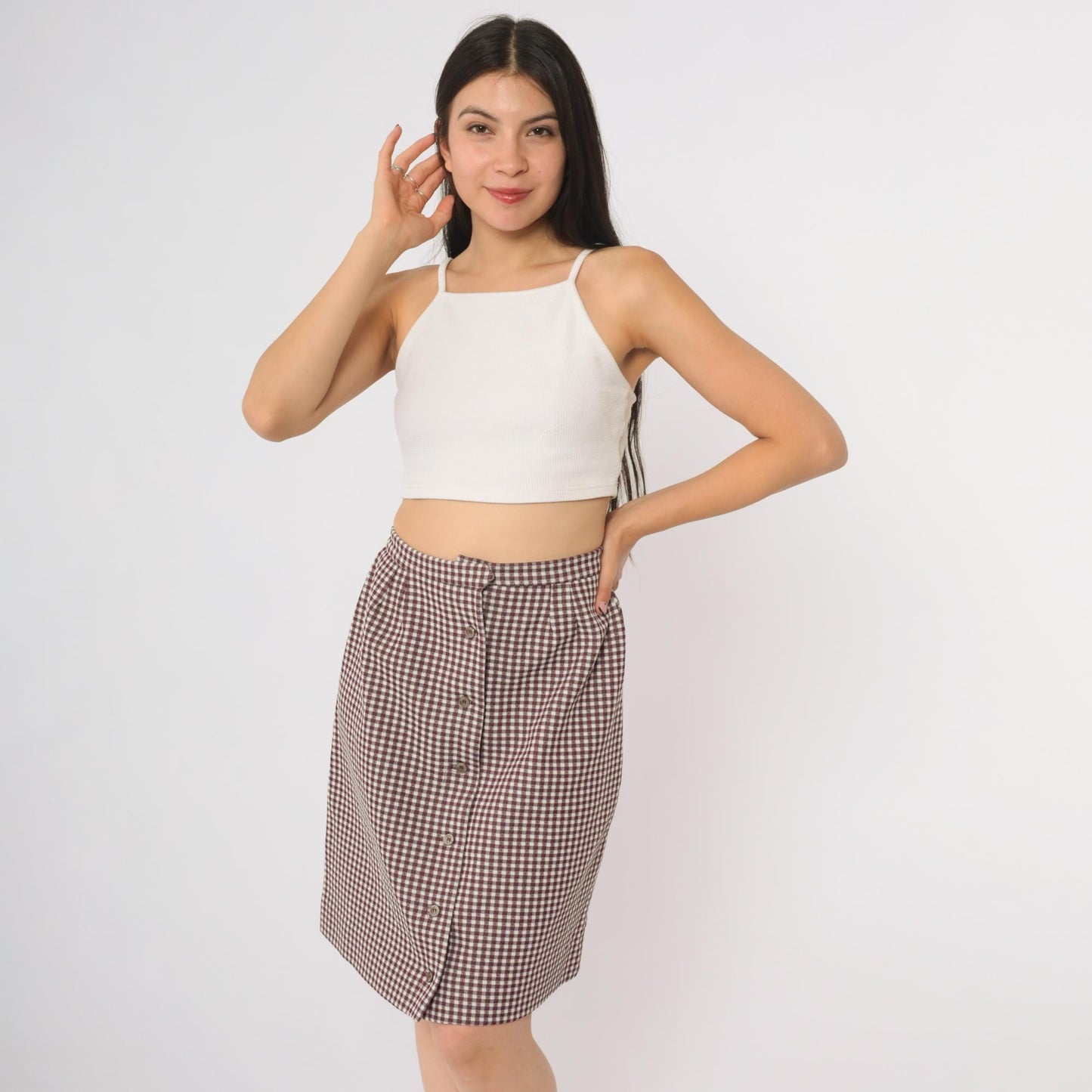 70s Burgundy Gingham Mini Skirt Button-Front High-Waist A-Line Small S