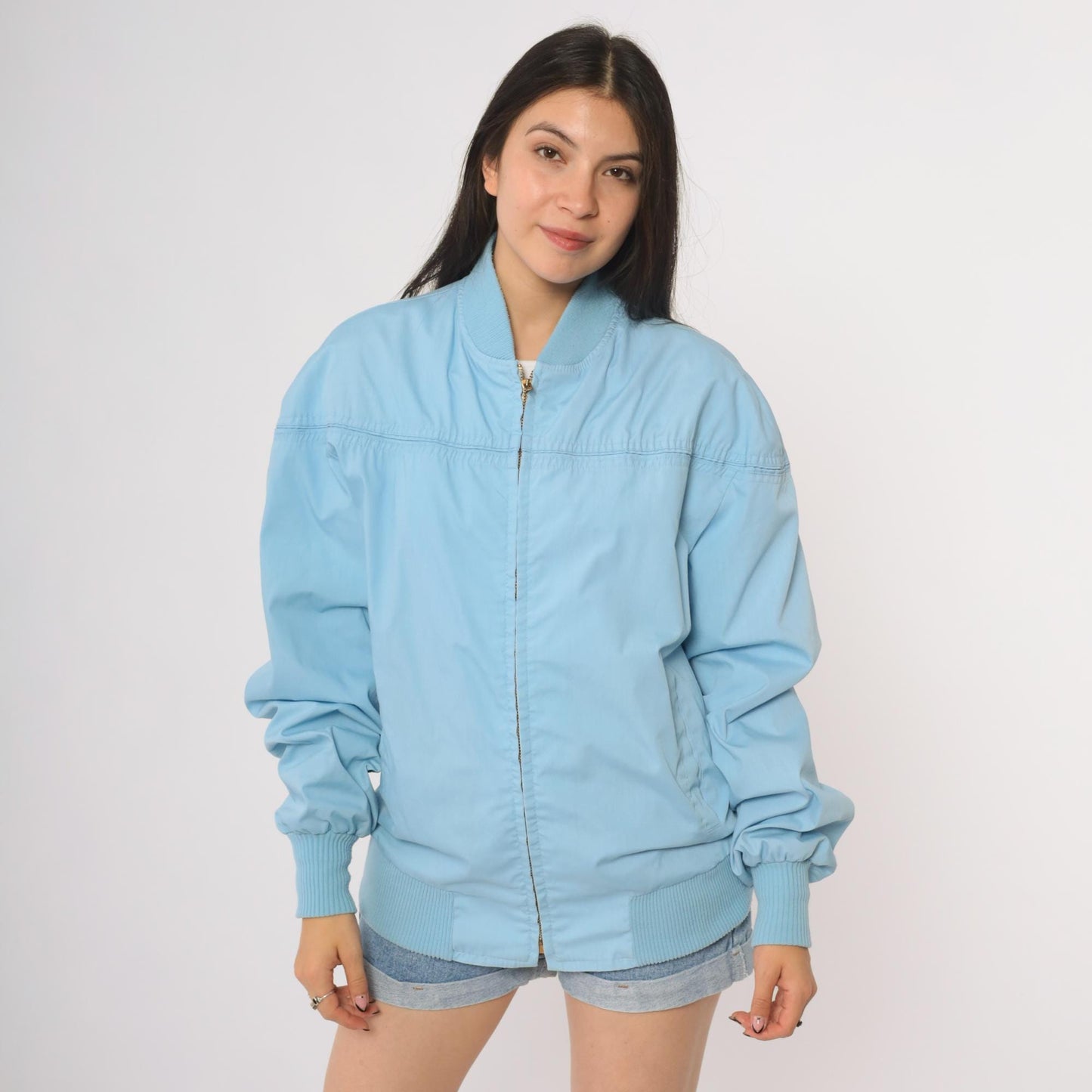 80s Baby Blue Bomber Windbreaker Jacket Light Blue Zip Up Athletic Extra Large XL