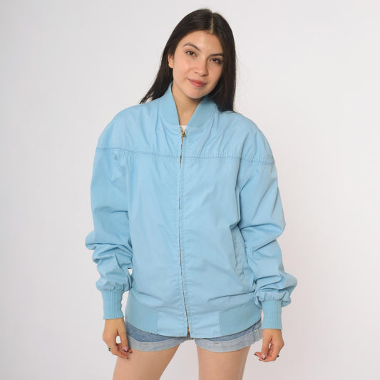 80s Baby Blue Bomber Windbreaker Jacket Light Blue Zip Up Athletic Extra Large XL