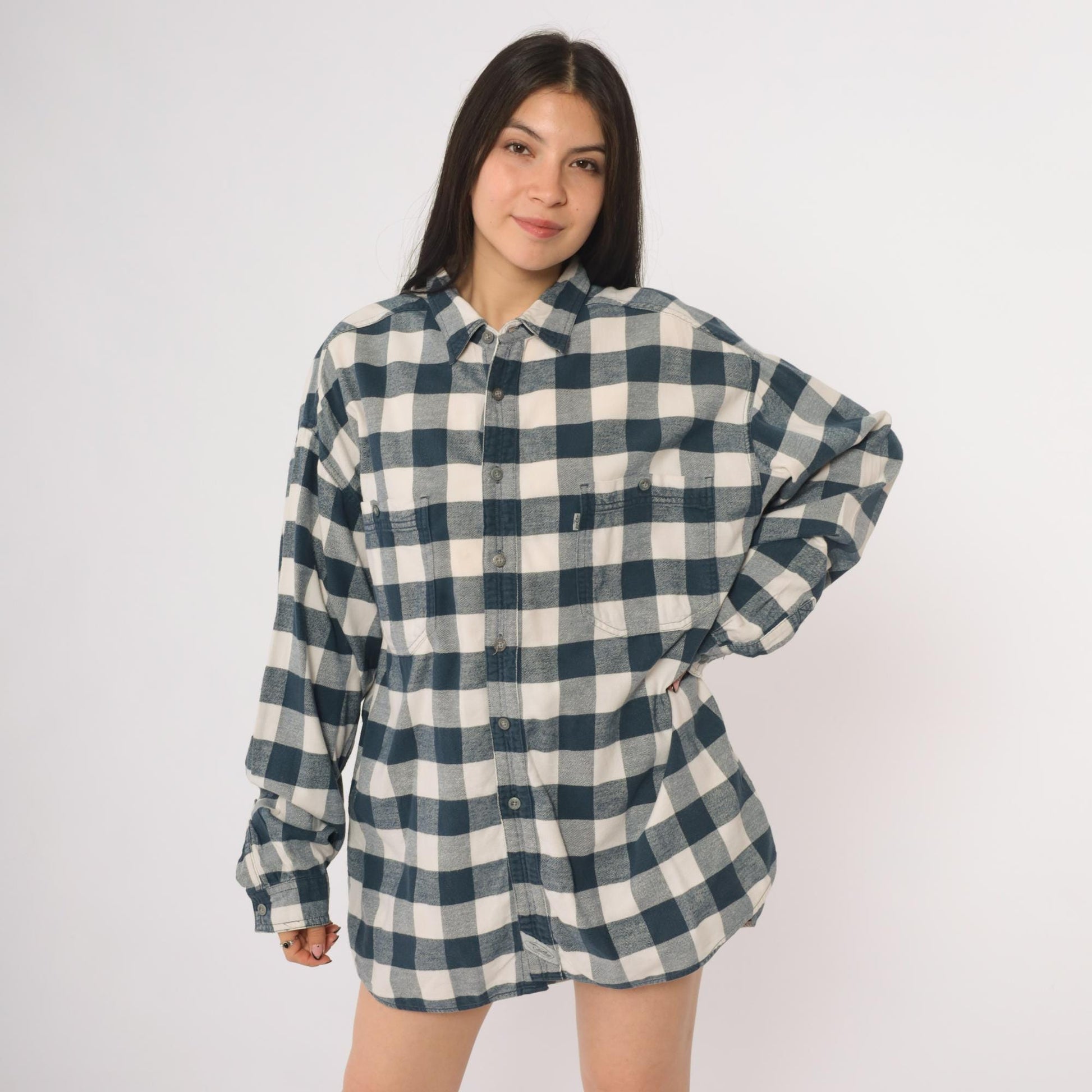 90s Levi's Buffalo Plaid Flannel Button-Up Blue White Extra Large XXL