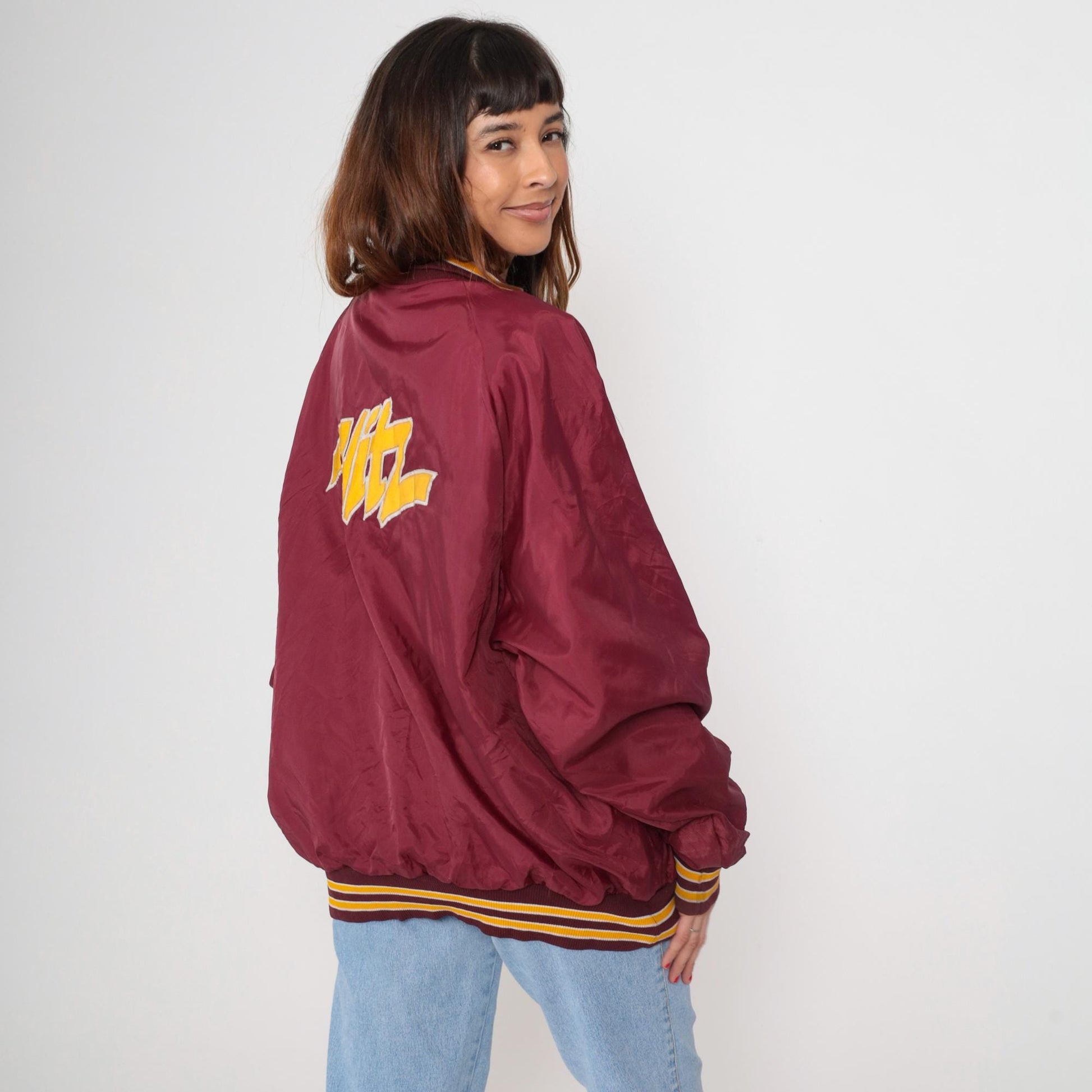 90s HITZ Radio Station Windbreaker Burgundy Yellow Stripe Quarter Zip XXL