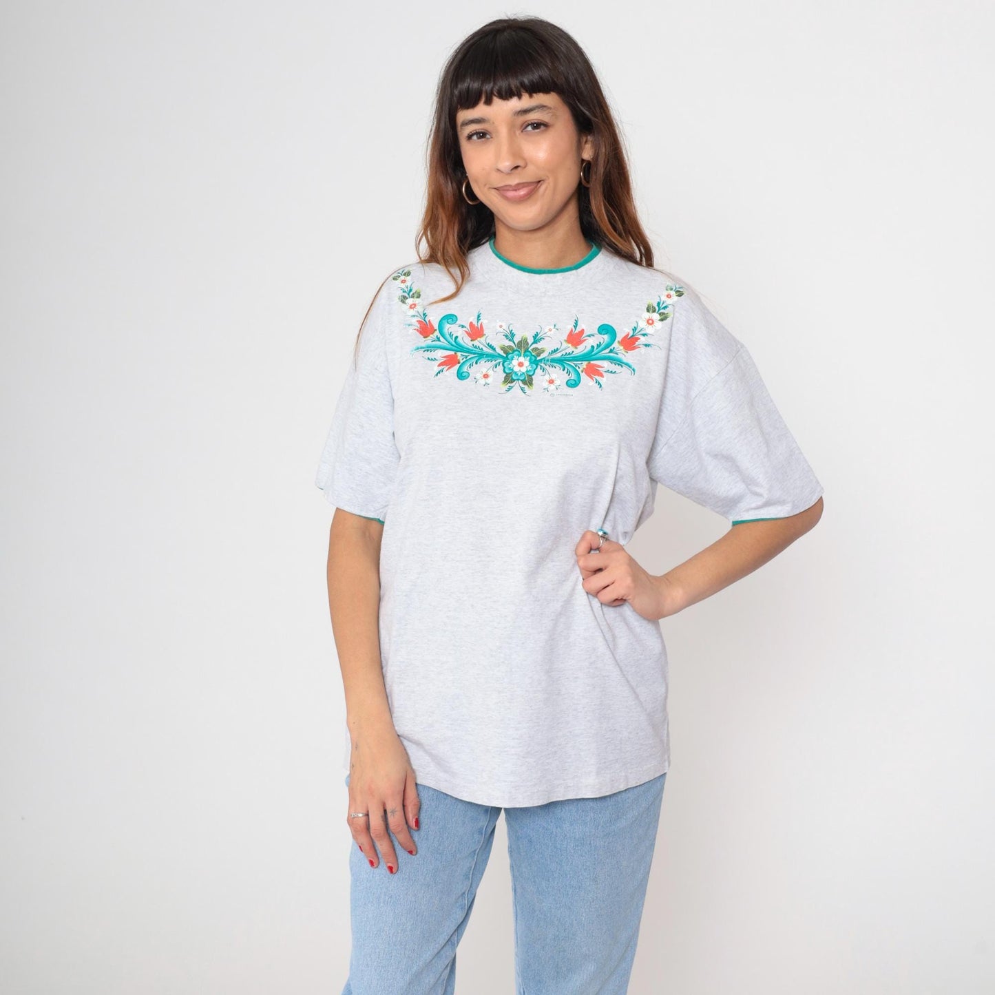 90s Floral Graphic T-Shirt Grey Cotton Folk Art Flowers Green Trim Large L