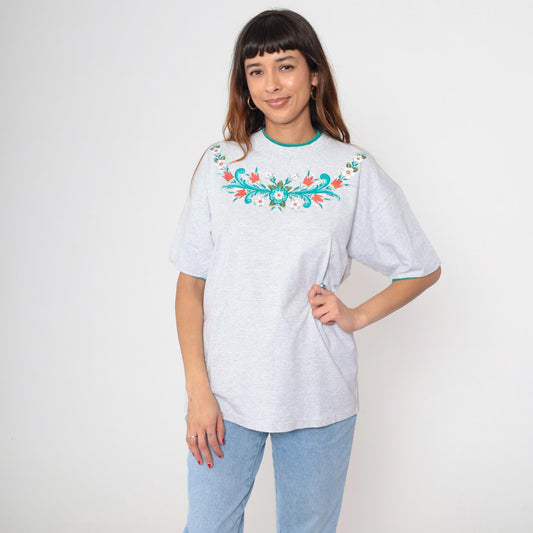 90s Floral Graphic T-Shirt Grey Cotton Folk Art Flowers Green Trim Large L
