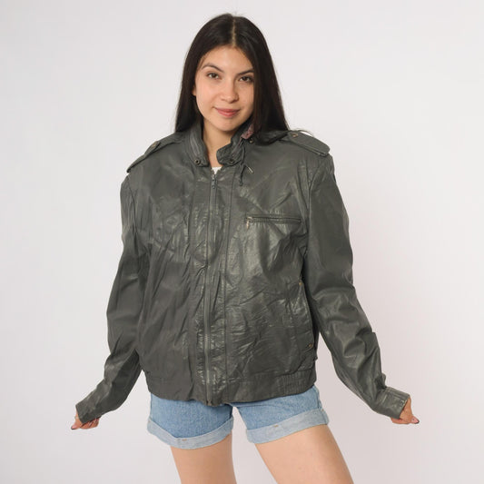 80s Oui International Leather Moto Jacket Deep Green Zip Epaulettes Large