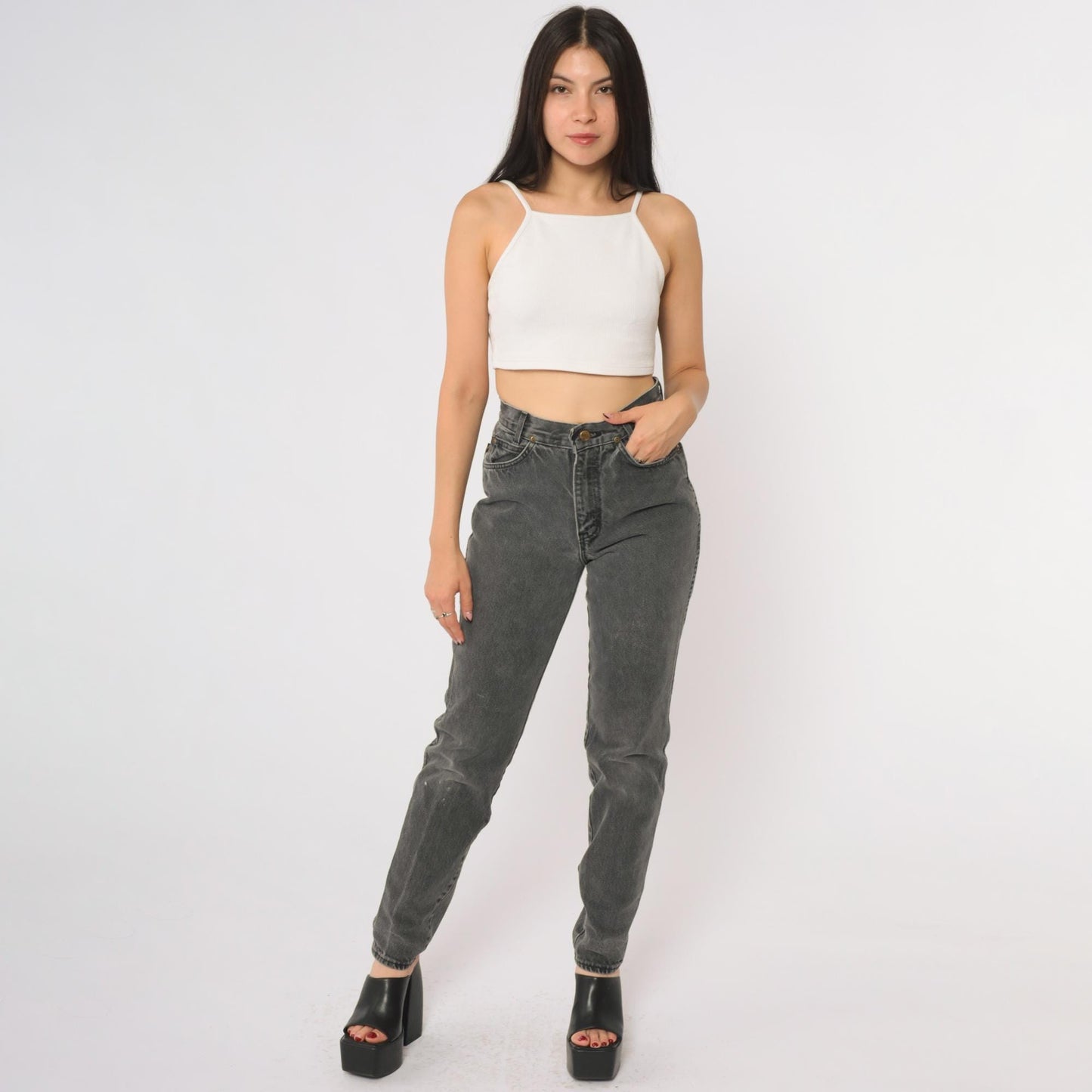 90s Chic Black Wash High Waist Tapered Jeans Distressed Denim Small S