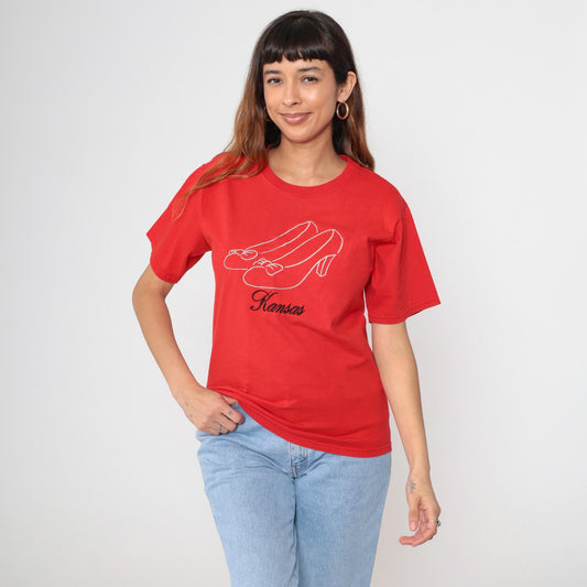 Y2K Kansas Dorothy Shoes Graphic T-Shirt Red Cotton Small
