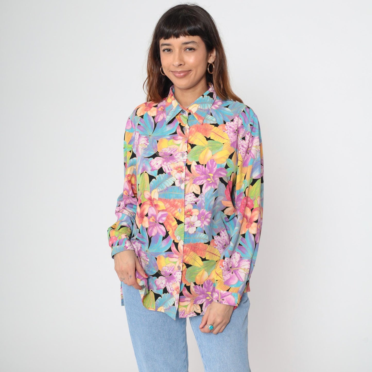 90s Tropical Floral Button Up Blouse Purple Hibiscus Black Rayon Long Sleeve Large