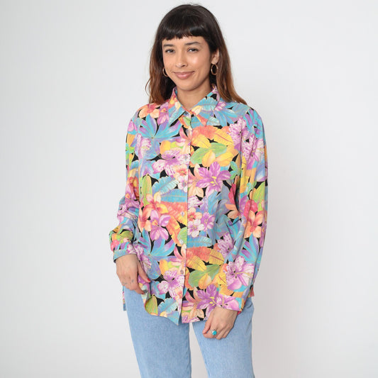 90s Tropical Floral Button Up Blouse Purple Hibiscus Black Rayon Long Sleeve Large