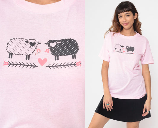 80s CHED Pink Sheep Graphic T-Shirt Cotton Blend Heart Print Large L