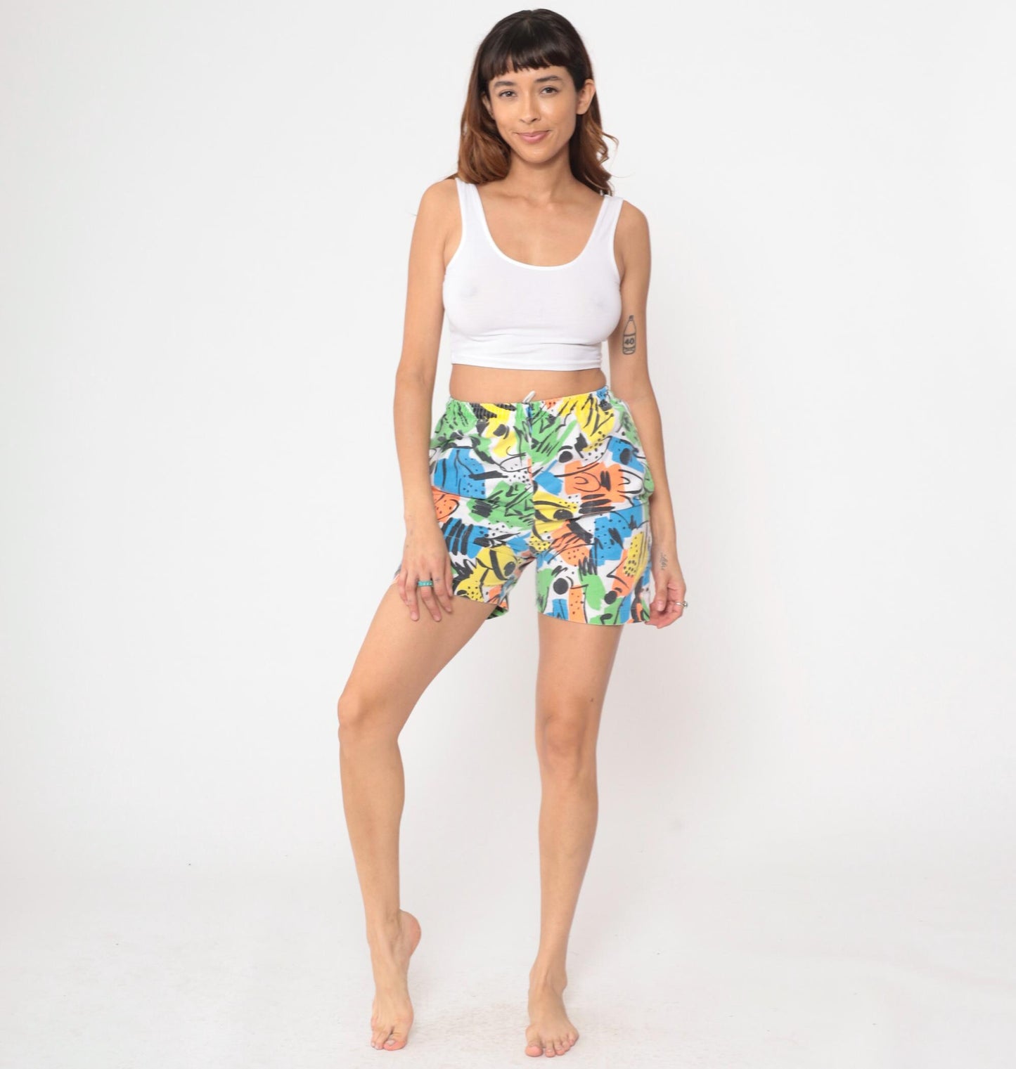 90s Abstract Print High Waisted Wide Leg Shorts Colorful Small S